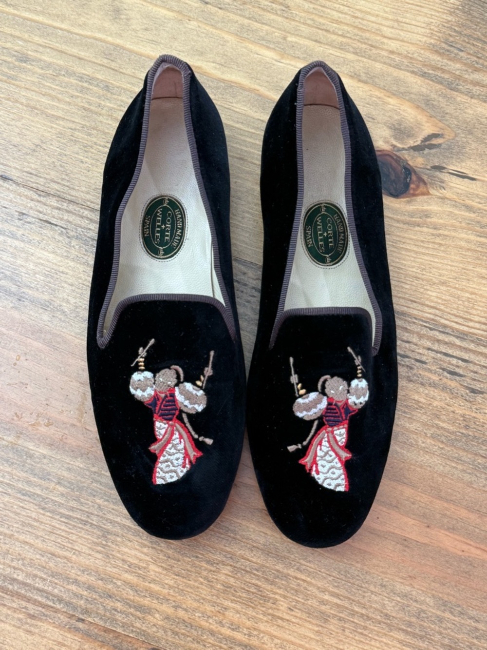 Vintage Corte + Welles Black Velvet Handmade Embroidered Loafers